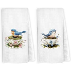 Floral Birds Kitchen Dish Towels 16x24 Inch Set of 2, Blue Bird Tea Cup Gift for Bird Lover, Cute Nature Birds Dish Towel, Flower Decorative Hand Towel Tea Towels for Kitchen Home