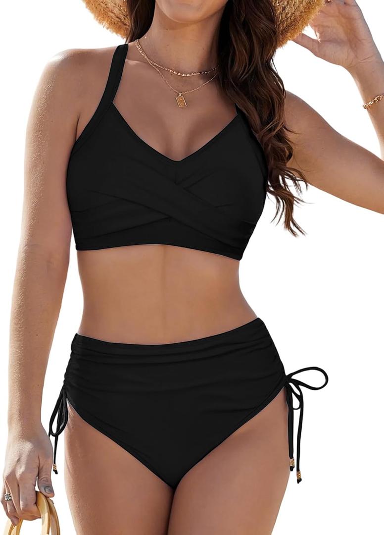 Womens Two Piece High Waisted Bikini Sets Crisscross Tie Back Bathing Suit Drawstring Tummy Control Swimsuits (Large, Black)