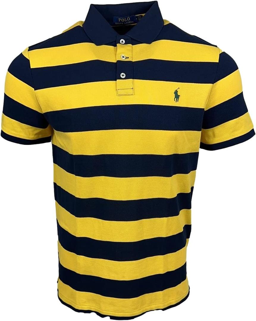 POLO RALPH LAUREN Mens Classic Fit Striped Cotton Mesh Polo Shirt (Yellow/Navy, M)