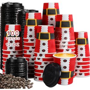 Foaincore 100 Pcs 12 oz Christmas Disposable Coffee Cups with Lid, Insulated Ripple Wall Paper Disposable Espresso Cups for Cold Hot Drinking Christmas Party Supplies