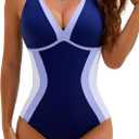 BMJL Womens One Piece Swimsuit Slimming Tummy Control Bathing Suit Color Block Shapewear Swim Suits 2026 (X-Large, Navy Blue)