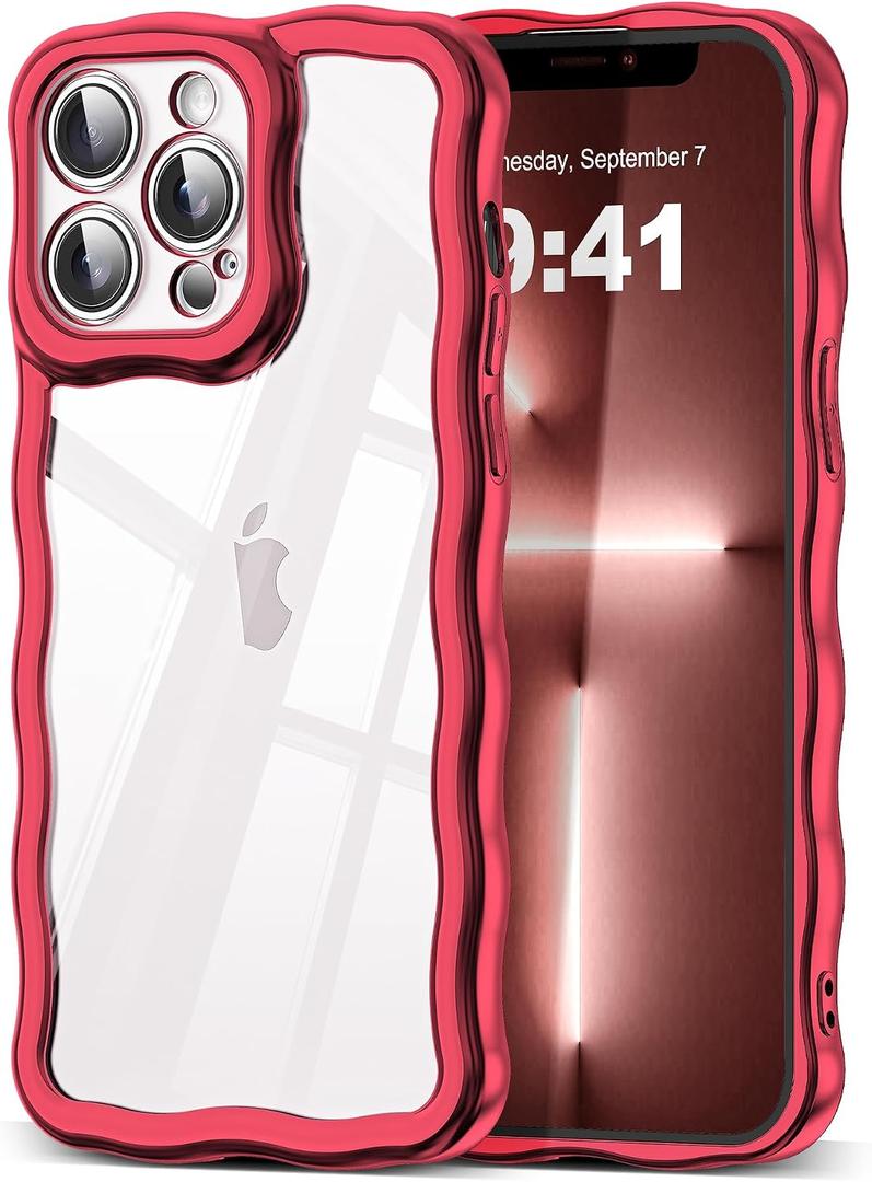 3 x SKYLMW Compatible with iPhone 13 Pro Case, Kawaii Cute Curly Wave Frame Luxury Plating Edge, Stylish Glossy Clear Back, Soft TPU Shockproof Protective Cases for iPhone 13 Pro, Red