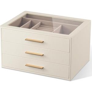 pickpiff Jewelry Box Organizer Case for Women: 3-Layer Jewelry Storage Case with Glass Window, Ivory Leather with Pink Velvet, Holder for Ring Necklace Bracelet Brooch Watch, Great Gift for Her