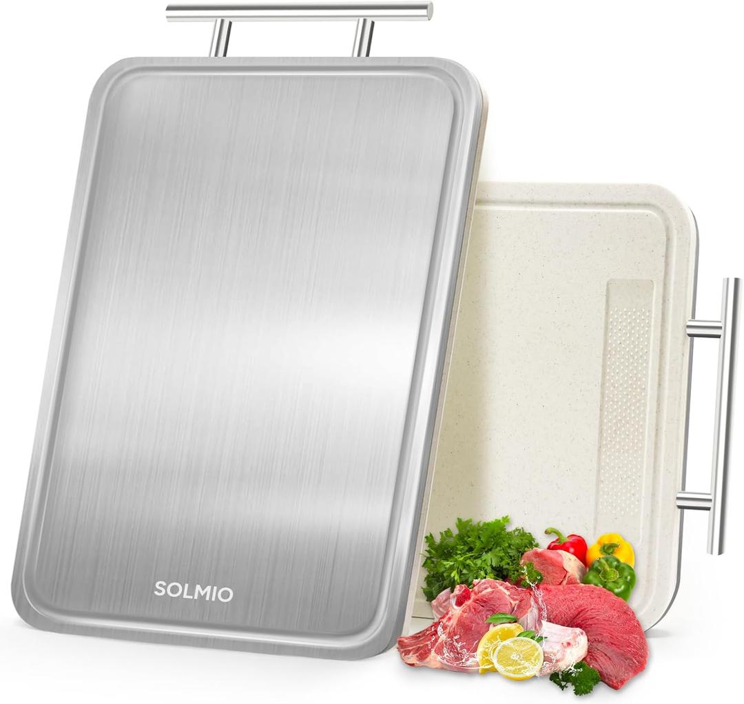 Stainless Steel Cutting Board for Kitchen, Double-Sided Chopping Board with Drip Groove, Food Grade Metal/Wheat Straw PP, Non Toxic Cutting Boards Scratch Resistant Dishwasher Safe