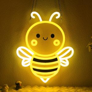 Bee Neon Sign Wall Art, Honey Bee Decor for Bedroom Living Room Office Patio Garden Stores, USB-Powered Energy-Saving Light with Hanging Kit, Gifts for Kids, Women, Beekeeper