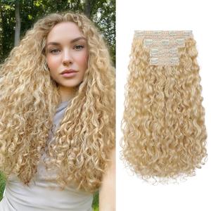 REECHO Curly Hair Extensions - 4PCS 18" GoGo Curly Clip in Hair Extensions 100% Super Protein Hairpieces with Invisible Lace Weft Silky Soft Natural Look for Women - Light Golden Blonde