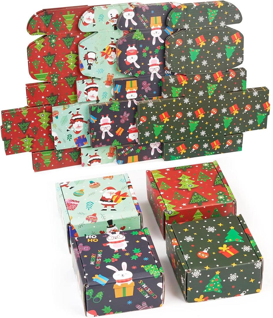soxuding Small Christmas Gift Boxes With Lids, 24 Pack 4x4x2 Inch Christmas Shipping Boxes, Recyclable Cardboard Corrugated Mailer Gift Boxes For Small Business (Xmas Mix Pattern Of 24 Pcs)
