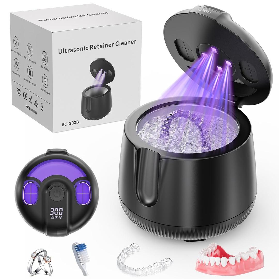 Ultrasonic Retainer Cleaner Machine, 48kHz Rechargeable Cordless Dental Cleaning Pod, Ultrasonic Retainer Cleaner for Dentures, Mouth Guards, Aligner, Night Guard, Jewelry with 200ML Capacity Black