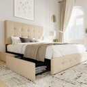 Allewie Upholstered Queen Size Platform Bed Frame with 4 Storage Drawers and Headboard, Square Stitched Button Tufted, Mattress Foundation with Wooden Slats Support, No Box Spring Needed, Beige