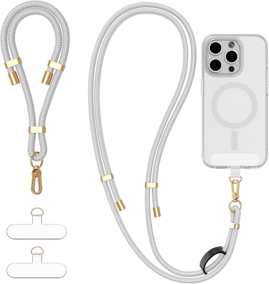 4-IN-1 Phone Lanyard + Wrist Strap Kit with 2 Pack Tabs, Universal Adjustable Phone Strap Crossbody, Anti-Theft Neck Lanyard for iPhone 17 Pro Max and Most Smartphones, Grey