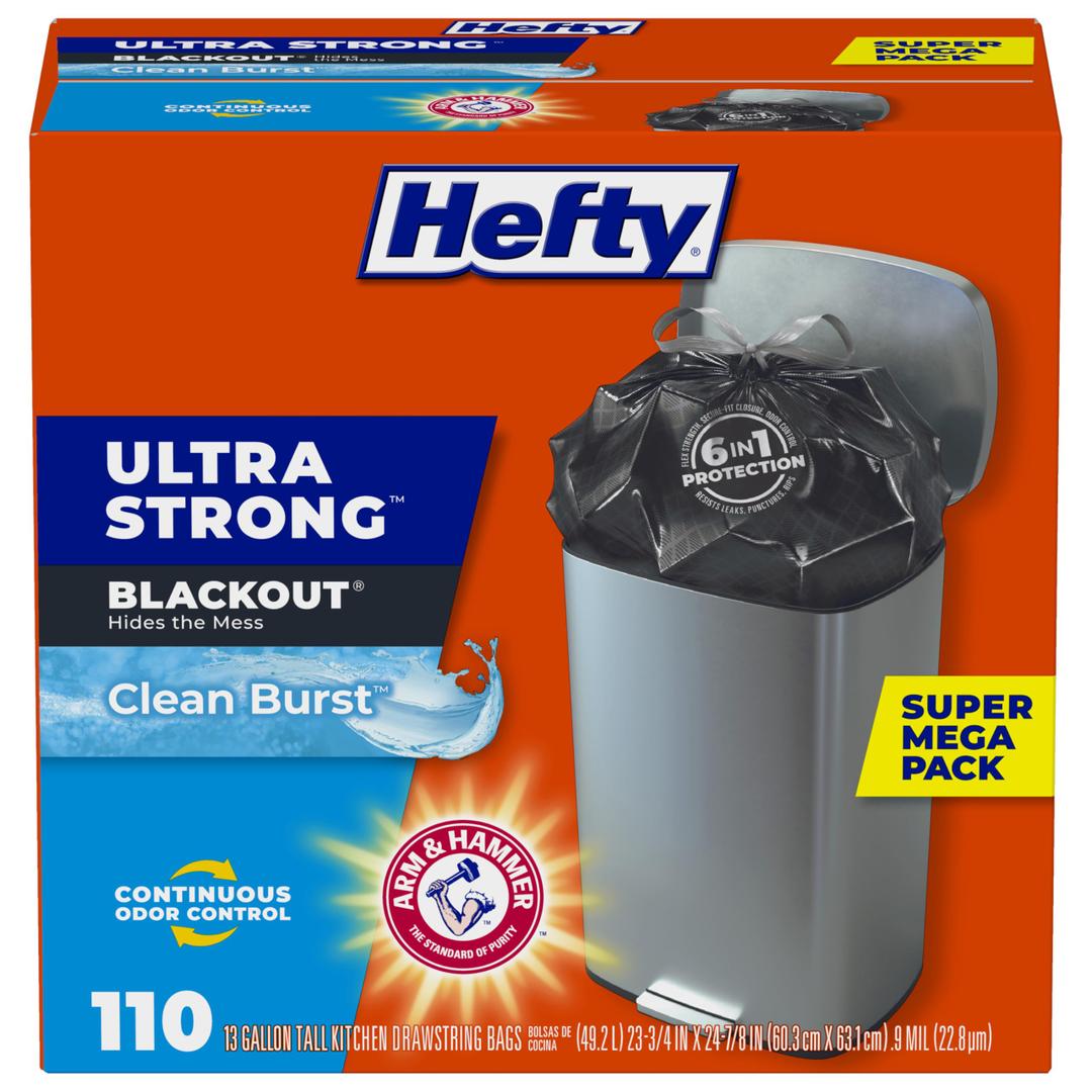 Hefty Ultra Strong Bags, Black Tall Kitchen Bags 13 Gallon Size, Break Resistant Drawstring Enclosure, Continuous Odor Control, Blackout, Clean Burst Scent, 110 Bags