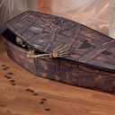 Libima Halloween Cemetery Pop up Coffin with Lid Fake Life Size 60'' Coffin Prop Scary Really Size Collapsible Fabric Instant Casket for Skeleton Party Graveyard Decoration (1 Pcs,Wood Look)