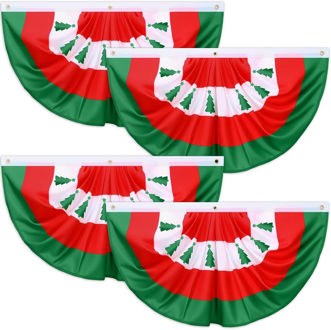 VitalCozy 4 Pcs Christmas Bunting Outdoor Flag for Outside 3 x 1.5 ft Winter Banner Christmas Tree Pattern Hanging Pleated Bunting Fan Flag Xmas Outdoor Decorations for Holiday Party