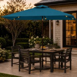 6.5 x 10ft Rectangular Patio Umbrella with Solar Lights, 16 LED Lighted Market Umbrella with Push-Button Tilt and Crank, 6 Sturdy Iron Ribs for Garden, Deck, Pool, Lake Blue