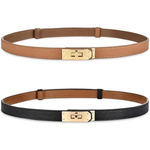 Women's Skinny Leather Belt with Adjustable Silver Turn-Lock Buckle - Ideal for Dresses, Jeans, and Coats, Black