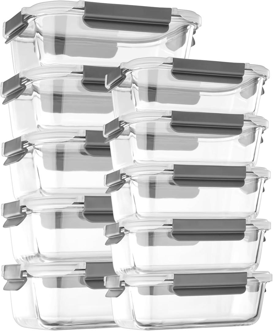 [10 pack Glass Meal Prep Containers with Lids, Glass Food Storage Containers with Snap Locking Lids for Food, Bpa-free, Easy to Open& Close/Microwave,Oven,Freezer,Dishwasher Safe/Leak-Proof (Gray)