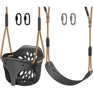 SELEWARE Toddler Swing Set Accessories High Back Full Bucket Swing Seats w/Adjustable Rope and 4 Locking Carabiners, Cute Elephant Shape Design 600LB Capacity (2 Pack) (Black)