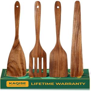 KAQISE 4PCS Wooden Spatulas for Cooking, NonToxic Teak Wood Cooking Utensils  Flat Spatula Turner Slotted Spatula Spurtle Scraper for Frying, HeatResistant Wooden Kitchen Utensils Set for Xmas Gifts