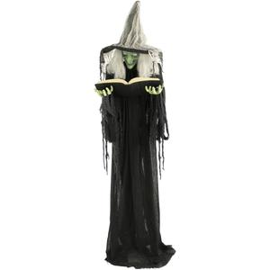 Haunted Hill Farm Life-Size Talking Witch Holding Spell Book, Halloween Animatronic with Touch Activated Lights and Sound, Poseable, Battery Operated Indoor or Covered Outdoor Halloween Decorations