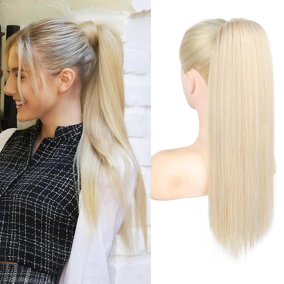 Extensions Drawstring Long Straight Fake Pony Tail Natural Soft Clip in Hair Extension Synthetic Heat Resistant Hairpiece 20 Inch Light Blonde