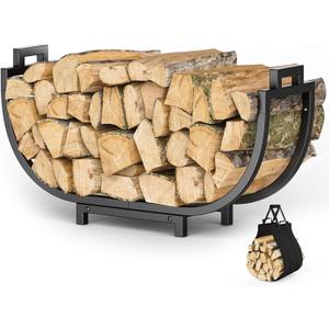 Elbourn Firewood Rack, 24 Inch Indoor Fireplace Log Holder with Carrier, Thickened Metal Rustproof Wood Storage Rack (Black)
