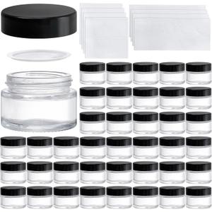 Bekith 40 Pack 1 oz Small Glass Jars, Empty Round Clear Glass Jars with Black Lids, Blank Labels & Inner Liners, Mini Cosmetic Containers Travel Jars for Cream, Lotion, Sample, Powder