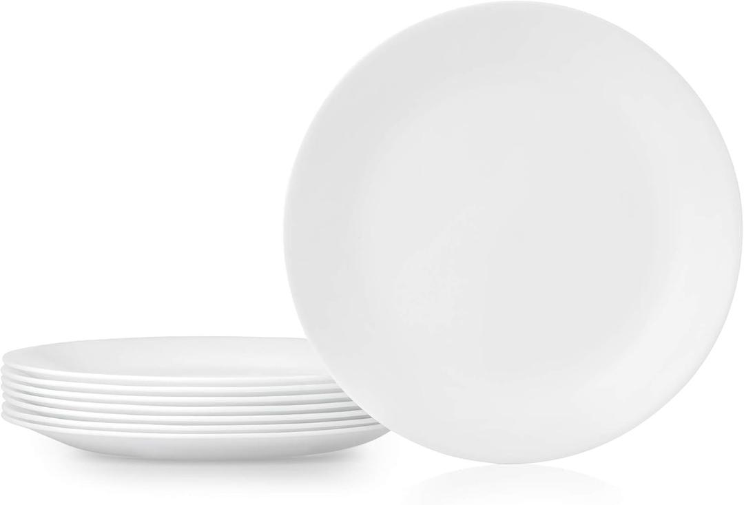 Corelle Vitrelle 8-Piece Dinner Plates Set Triple Layer Glass and Chip Resistant, Lightweight Round Plates, Winter Frost White