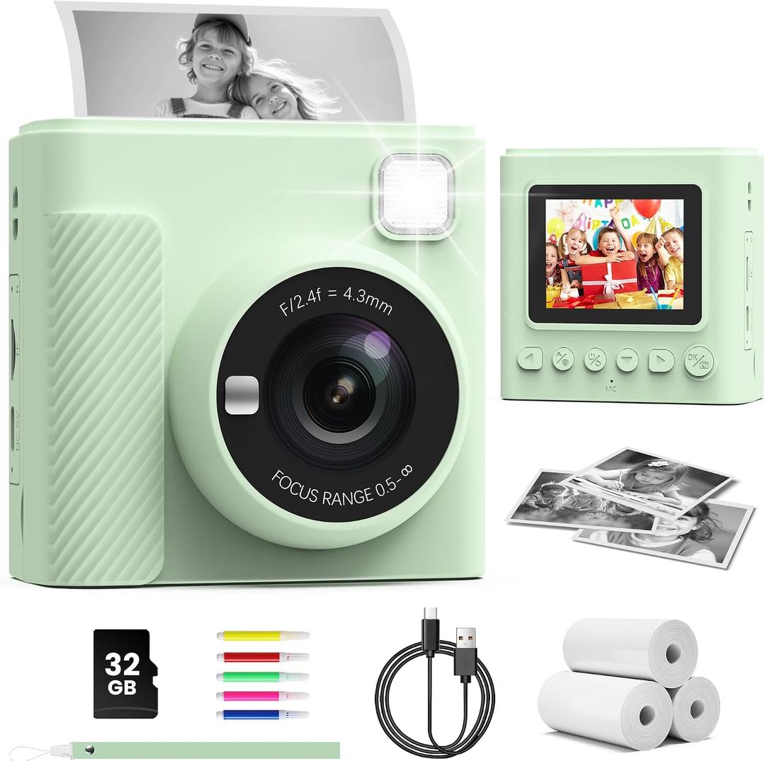 TIATUA Kids Instant Print Camera, Christmas Birthday Gifts for Girls and Boys, 1080P HD Video Digital Kids Camera with Print Paper & 32G Card, Toddler Toy for 3-14 Years Old (Green)