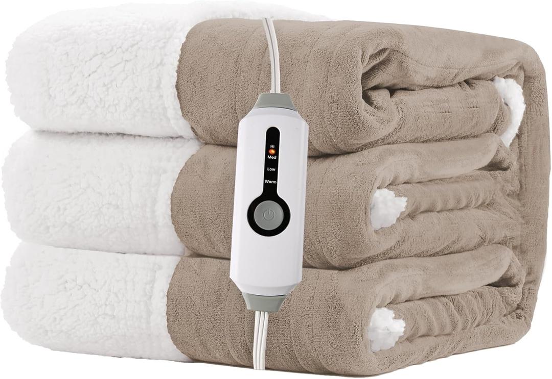 Electric Heated Blanket 72"x84" Full Size for Safe All Night Rest, Dual-Sided Microplush Sherpa for Bedroom Couch Use, 4 Heat Settings & 10 Hours Auto Off Energy Saving, Machine Washable-Light Brown