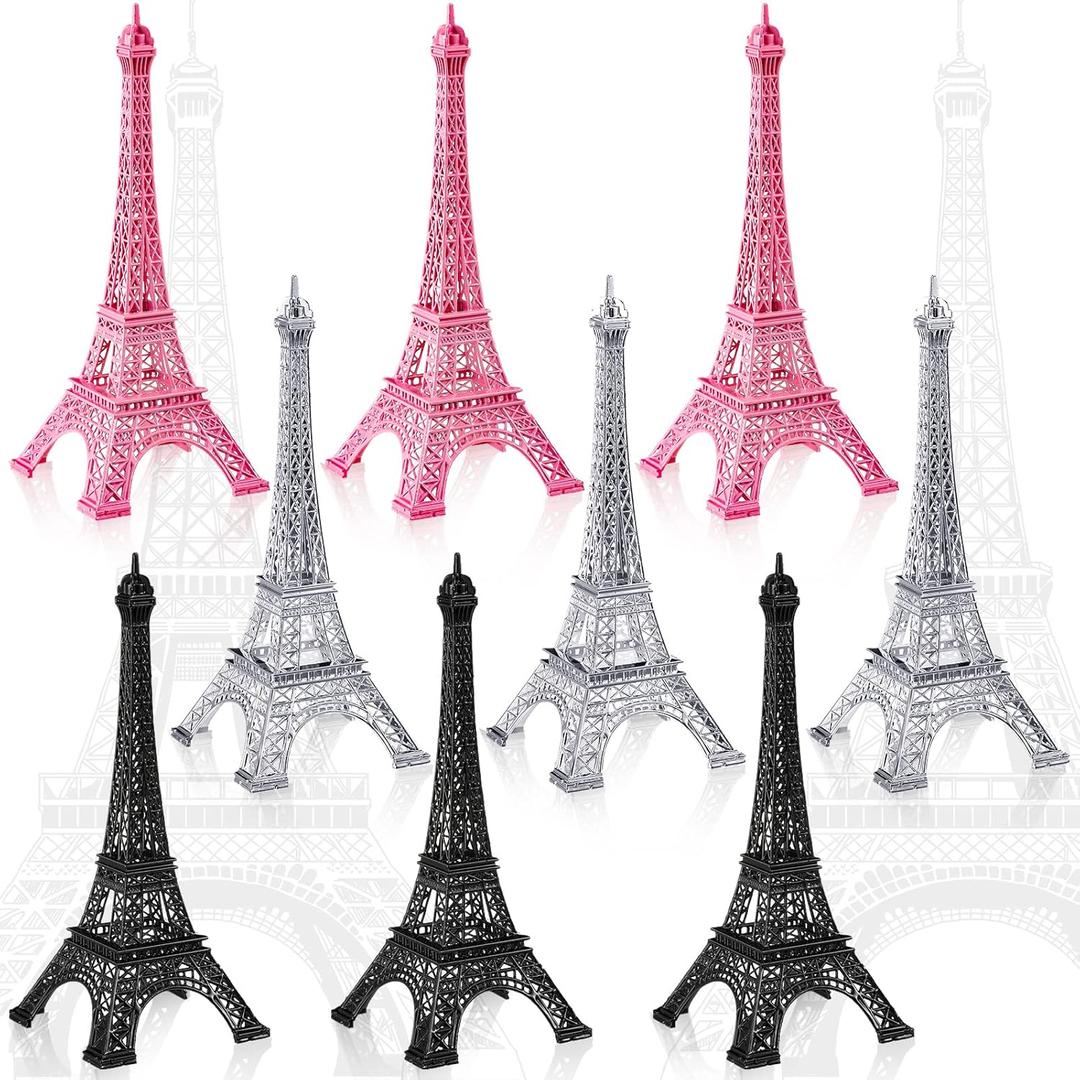 Wesiti 9 Pcs Eiffel Tower Decor Statue Alloy Metal Eiffel Tower Cake Topper French Paris Souvenir Gift Multiple Sizes for Cake Stand Table Holder Collectible Figurines Decorations(7'')