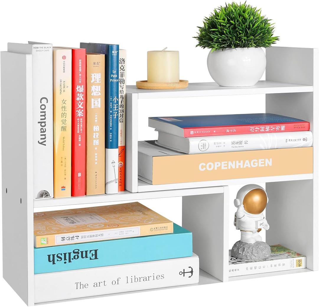 Desktop Shelf Organizer,Adjustable Stackable Office Storage Rack,Wood Display Shelf,White Small Bookshelf for Desktop,Tabletop Desk Shelf,Multipurpose Shelves for Office, Dormitory,Home Decor.