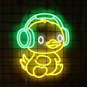 Baby Duck Headphone Neon Sign Music LED Light for Kids Room Wall Decor Dimmable for Bar Restaurant Concert Man Cave Wall Art 12.6 * 15.4IN (Yellow&Green&White)