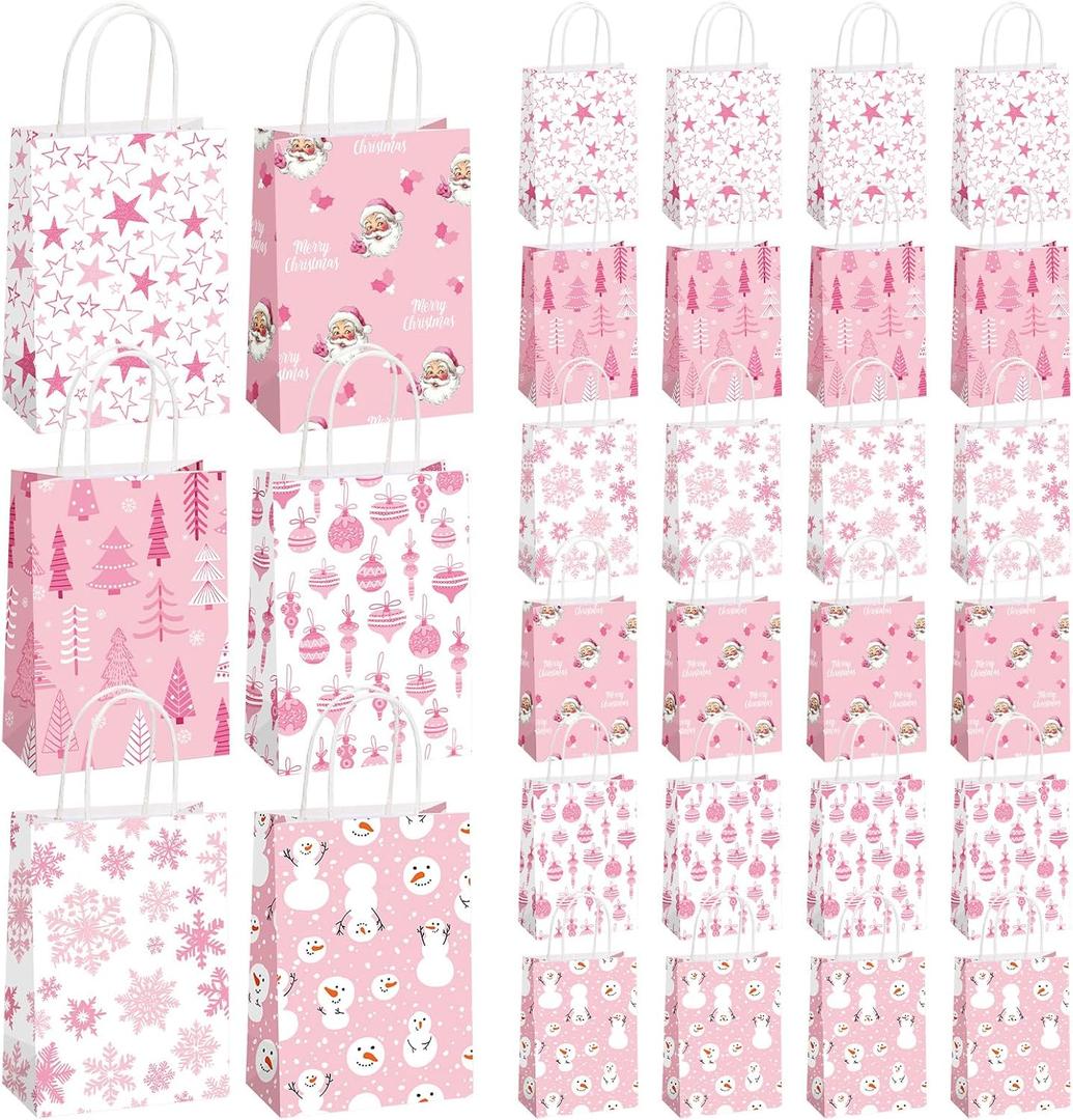 Kolldenn 24 Pcs Christmas Pink Paper Gift Bags 6 x 8 Inch Claus Xmas Tree Party Favor Bags Bulk with Handle Winter Snowflake Party Gift Candy Goodie Treat Snack Bag for Christmas Holiday Supplies