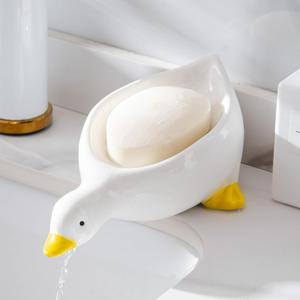 1 Pack Duck Ceramic Soap Dishes, Soap Holder with Drain, Soap Dish Container, Dish Soap Tray, Sponge Holder, Soap Tray for Shower, Bathroom, Bar, Kitchen, Counter (Duck)
