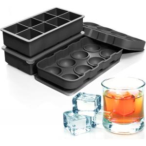 Large Ice Cube Trays Perfect for Whiskey and Summer Drinks - Italian Design - 2 Pack (16 x Ice Cubes | Square and Round | XL size) - Cosvino - Removable Lid, Easy Release (Tuxedo Black)