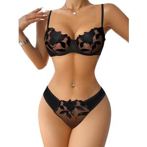 Lilosy Sexy Floral Embroidered Flower Mesh Underwire Push Up Lingerie Set (Black, L)