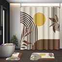 Boho Mid Century Shower Curtain Set with Toilet Lid Cover and Non-Slip Rugs, Abstract Geometric 4 Pcs Modern Minimalist Brown Yellow Vintage Shower Curtain for Bathroom Set with 12 Hooks