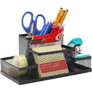Ludato Desk Organizers Pen Holder for Desk, 4 Compartments Black Mesh Pen Holder Storage for Office Desk Accessories