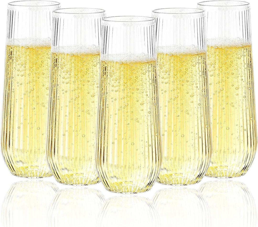 Goodluck 24pack Clear Disposable Champagne Flutes，9oz Stemless Champagne Flutes,Stemless Disposable Clear Plastic Toasting Glasses for Weddings, Birthday Parties, Family Gatherings, Bars etc, 2 inches x 5.7 inches