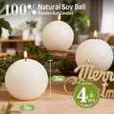 3 in Soy Ball Candles,4 Pack Hand-Poured Natural Soybean Wax Round Pillar Candles,Elegant White Candles-26H Long Burning Time,Dripless,Unscented,Smokeless Candles Dinner Table,for Wedding,Home Decor