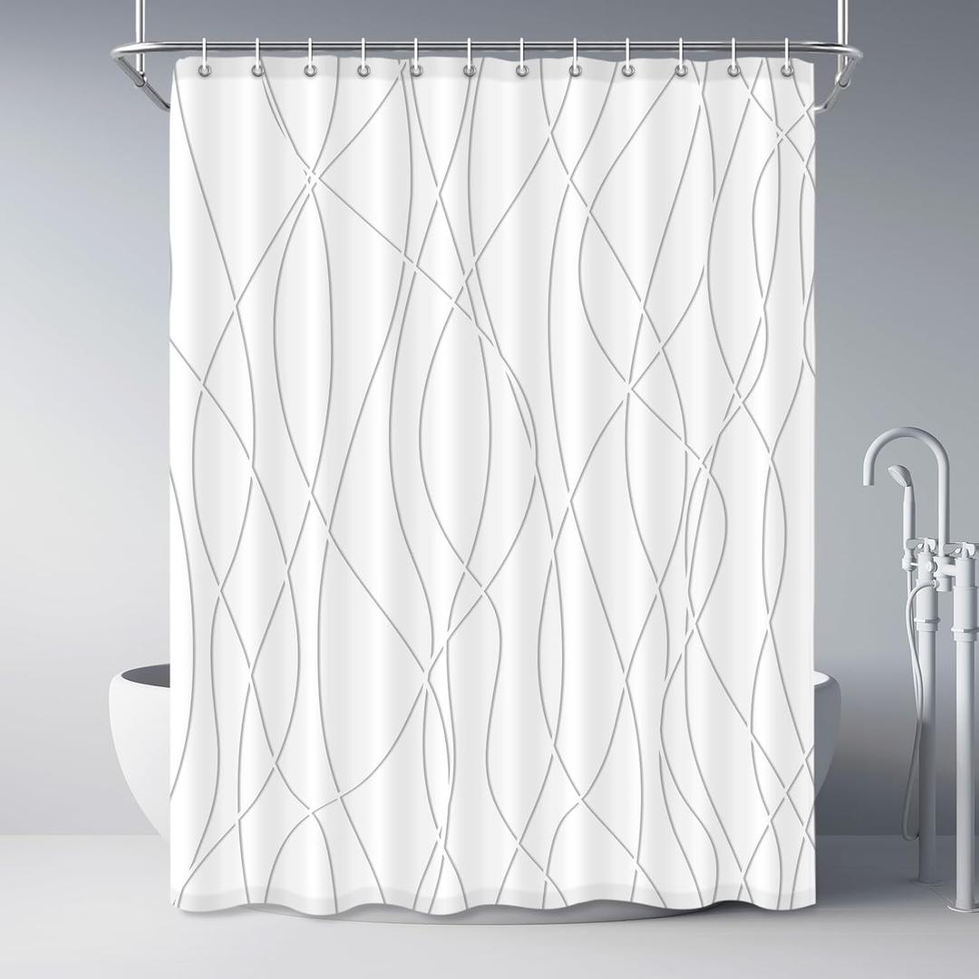 Punkray Grey Shadow Shower Curtain for Bathroom with Hooks, Extra Long Shower Curtain Set Stripe Bath Curtains Decor White Shower Curtains Weighted Hem Washable, 72 x 84
