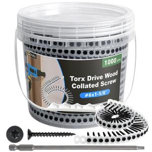 #6x1-5/8 Collated Drywall Screws, 1000PCS Wood Screws with Torx Drive, Black Drywall Screws with Sharp Point & Coarse Thread, Includes Free 150MM Star Bit