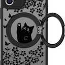 Cute Case for iPhone 12 Case with Stand [ Compatible with MagSafe ] Kawaii Black Cat & Floral & Butterflies Pattern Design 360 Magnetic Ring Kickstand Phone Cover for Women Girls Boys