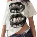 Hesaco Off The Shoulder Cute Shirts for Women Oversized Tshirt Y2k Graphic Tee Lips Print Baggy Shirts Vintage Tops (US, Alpha, Large, Regular, Regular, White Black)