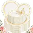 WDF 100PCS Ivory Plastic Plates with Gold Rim  Cream Plastic Plates  Include 50 Dinner & 50 Dessert Fancy Disposable Plate for Party  Heavy Duty Beige Plate for Baby Shower/Wedding/Mother's Day