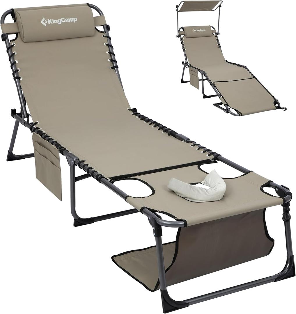 KingCamp Lounge Chair with face Hole & Canopy Shade, 400LBS Folding Portable Tanning Chair with face Hole, Adjustable 5-Position Foldable Beach Sun Tanning Chair for Outside Beach Patio Outdoor Pool