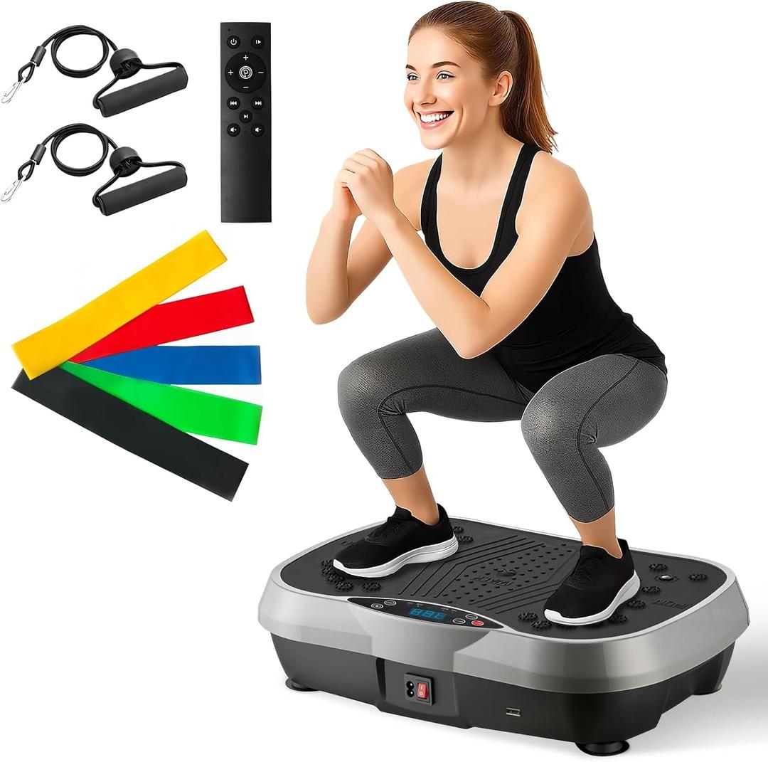 ALSO GO Vibration Plate Exercise Machine, 3 Workout Modes & 120-Level Vibration Platform for Weight Loss/Lymphatic Drainage, 400lbs Capacity Vibration Board with Resistance Bands for Full Body Workout, Gray