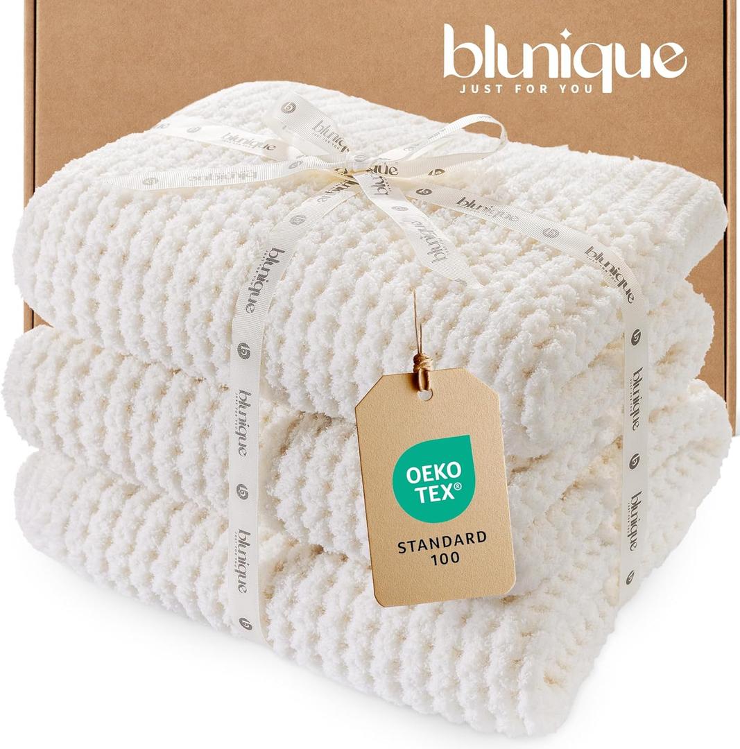 Waffle Knit Throw Blanket, Luxury Cozy Chunky Knit Throw Blanket for Couch, 50 x 60 Inch Thick Ultra-Soft Feather Yarn Knitted Blanket for Sofa, Bed, Home Decor - Off White