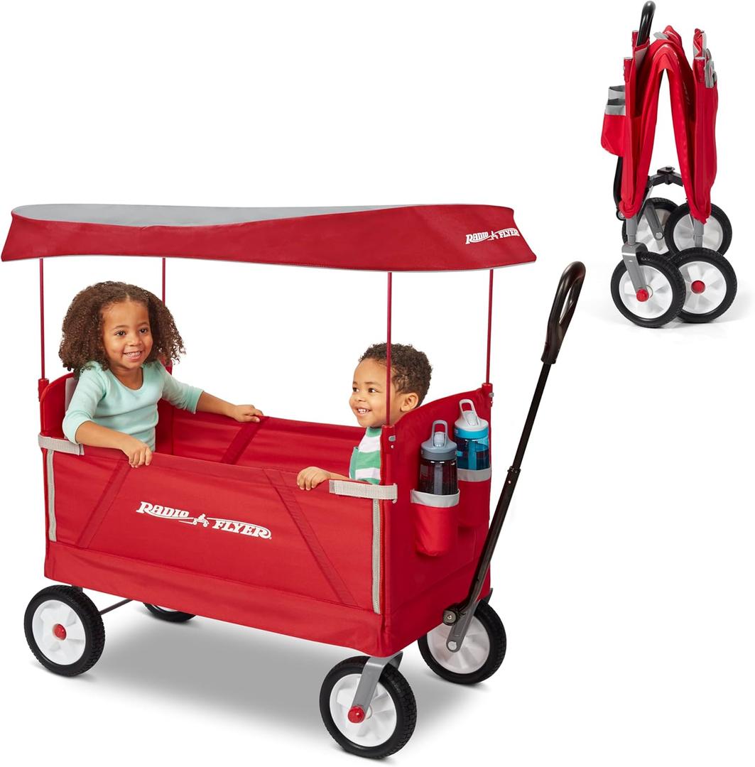 Stroller Wagon for Kids, Baby Stroller, Outside Toys for Toddlers 1-3, Rolling Cart, Beach Cart, Radio Flyer 3-in-1 Off-Road EZ Fold Wagon with Canopy, Red, Foldable, for Ages 1.5+ Years