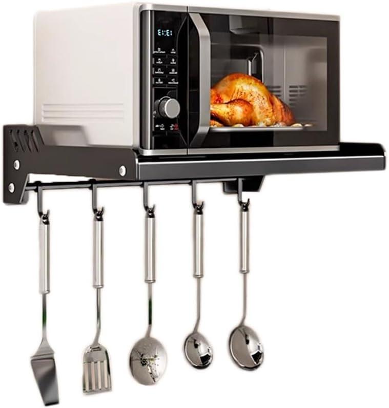 Wall Mount Microwave Oven Shelf, Kitchen Organizer Storage Holder with Hook Rail and 6 Slidable Hooks, for Small Kitchen Bathroom Microwave Oven Storage (Single Layer with Hook, Black)